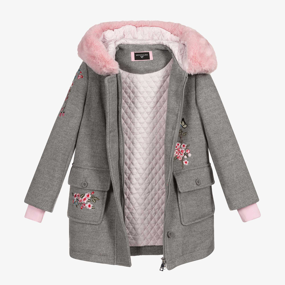 Monnalisa-Teen Girls Grey Floral Coat | Childrensalon Outlet