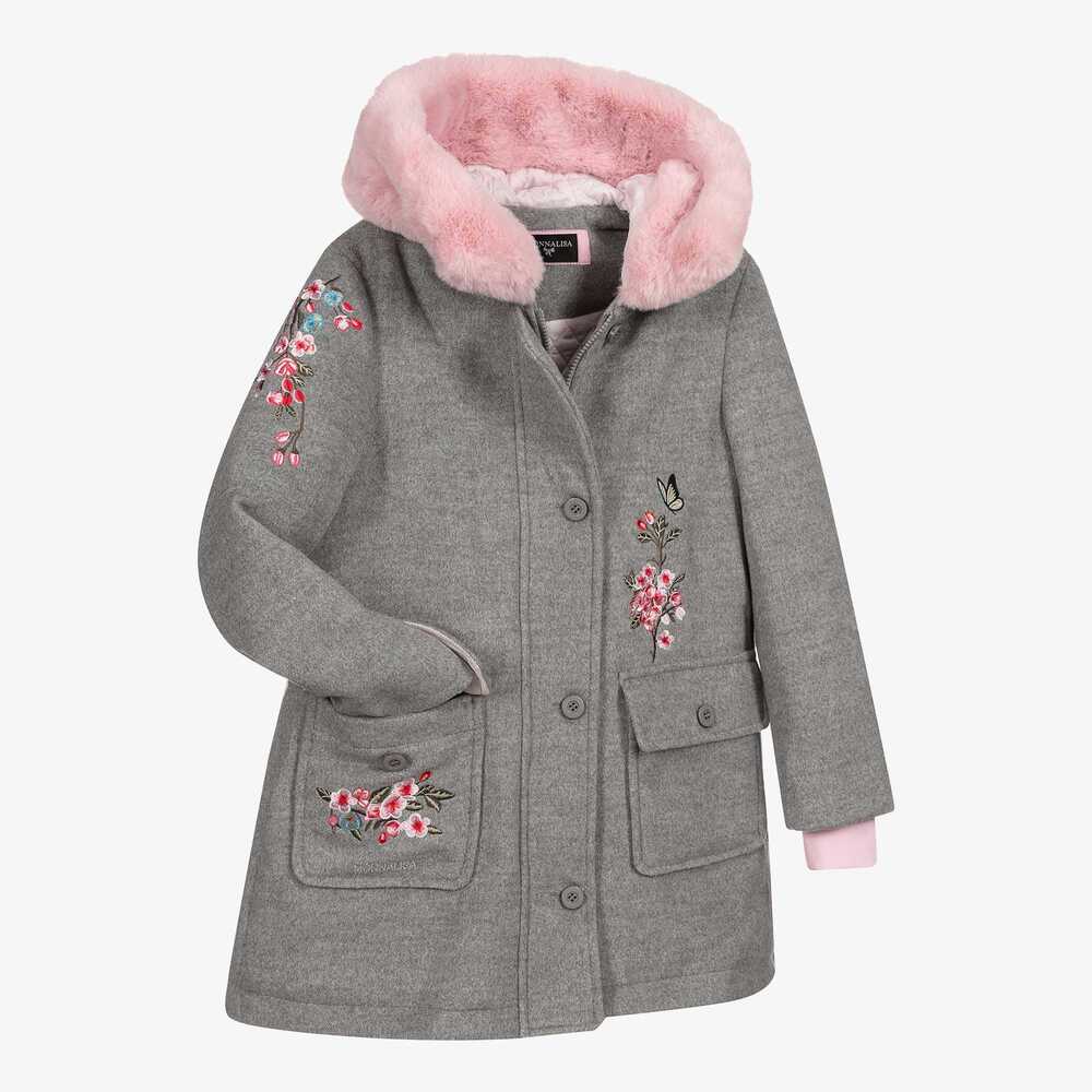 Monnalisa-Teen Girls Grey Floral Coat | Childrensalon Outlet