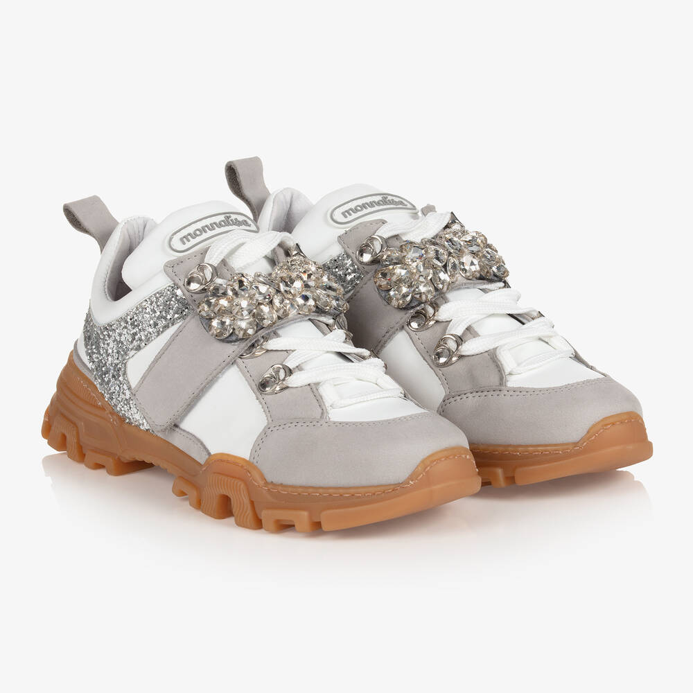 Monnalisa - Teen Girls Grey Jewel Trainers | Childrensalon