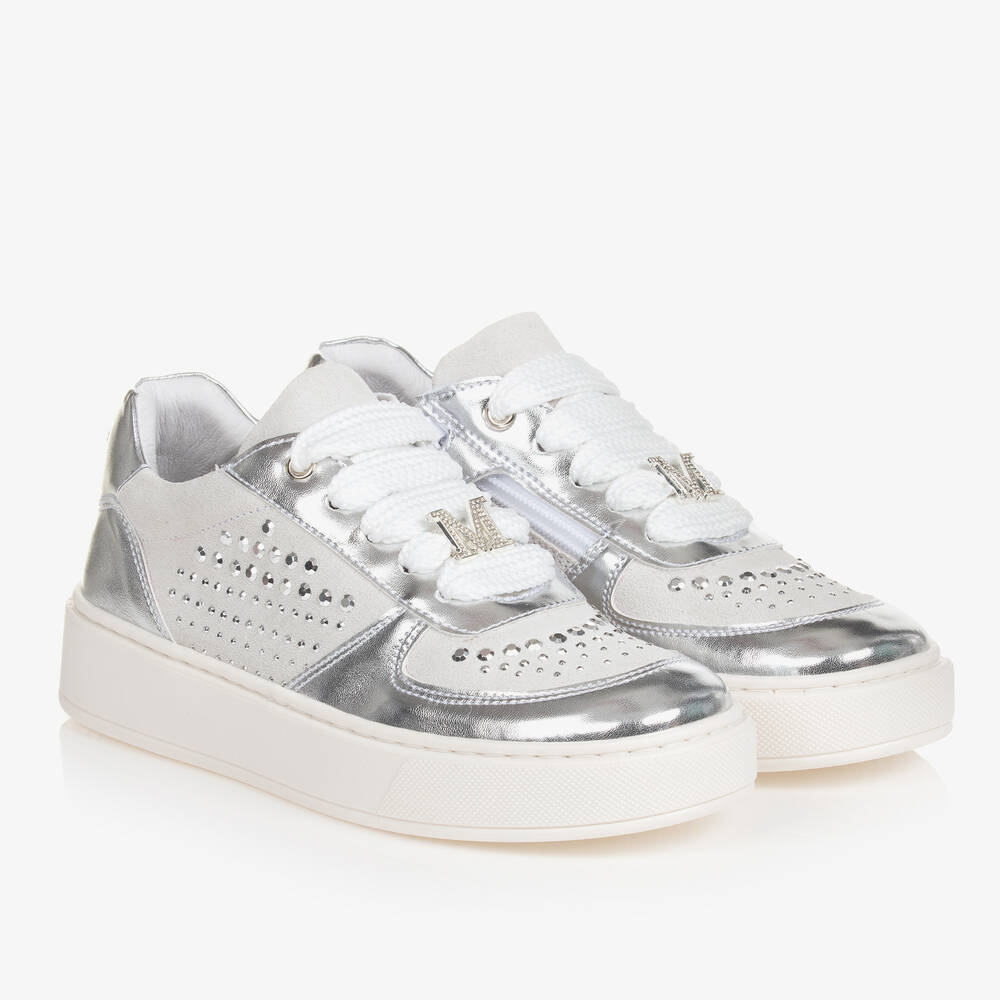 Teen Girls Grey Silver Leather Trainers