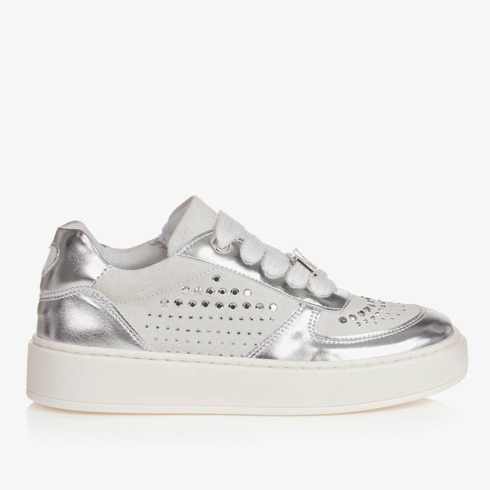 Monnalisa-Teen Girls Grey & Silver Leather Trainers | Childrensalon Outlet