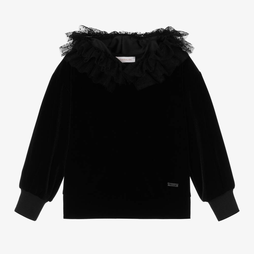Monnalisa Chic-Teen Girls Hooded Black Velour Top | Childrensalon Outlet