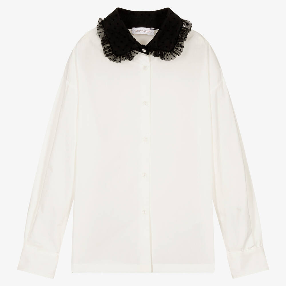 Monnalisa Chic - Кремовая блузка с черным воротником из тюля | Childrensalon