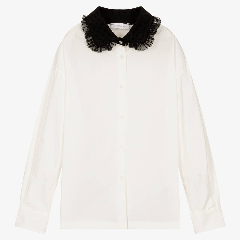 Monnalisa Chic - Teen Girls Ivory & Black Tulle Collar Blouse | Childrensalon