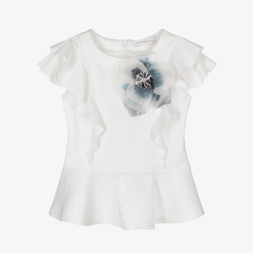 Monnalisa - Teen Girls Ivory & Blue Floral Brooch Blouse | Childrensalon