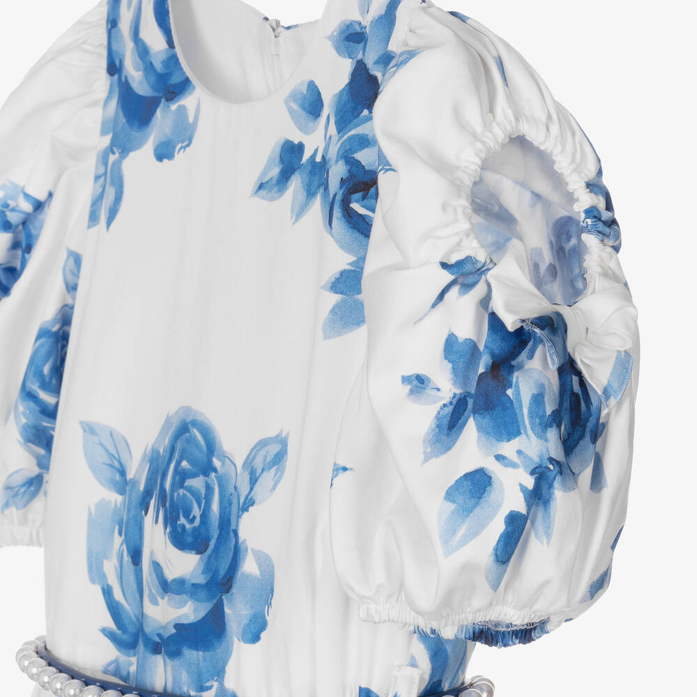 Monnalisa-Кремовое платье с синими цветами | Childrensalon Outlet