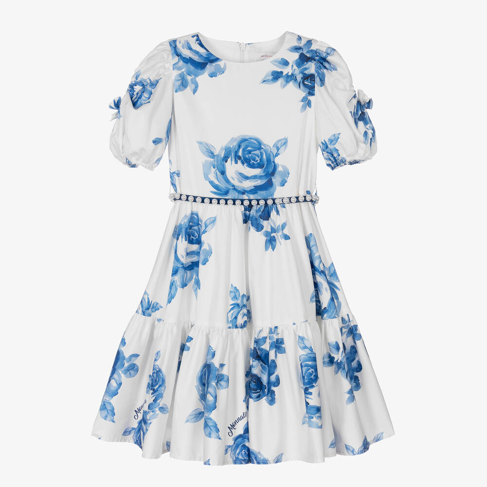 Monnalisa - فستان تينز بناتي قطن بوبلين لون عاجي وأزرق بطبعة ورود | Childrensalon