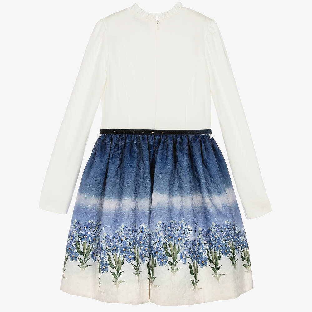 Monnalisa-Кремово-синее платье с цветами для подростков | Childrensalon Outlet