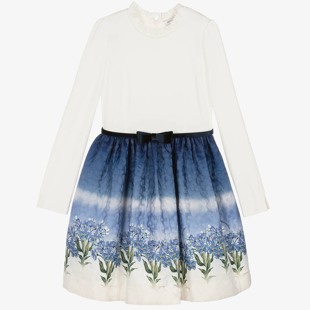 Monnalisa - Teen Girls Ivory & Blue Floral Dress | Childrensalon