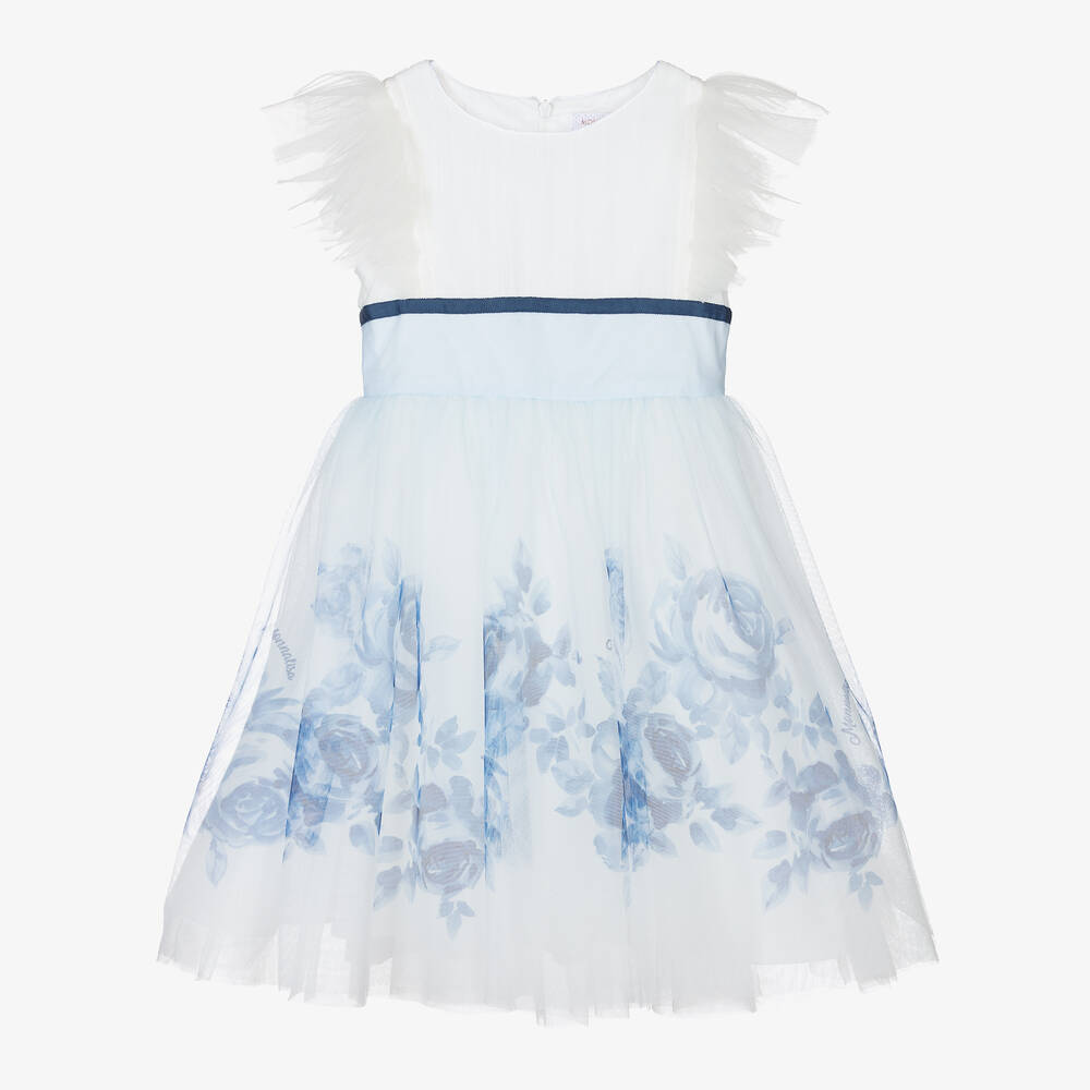 Monnalisa - Teen Girls Ivory & Blue Floral Tulle Dress | Childrensalon