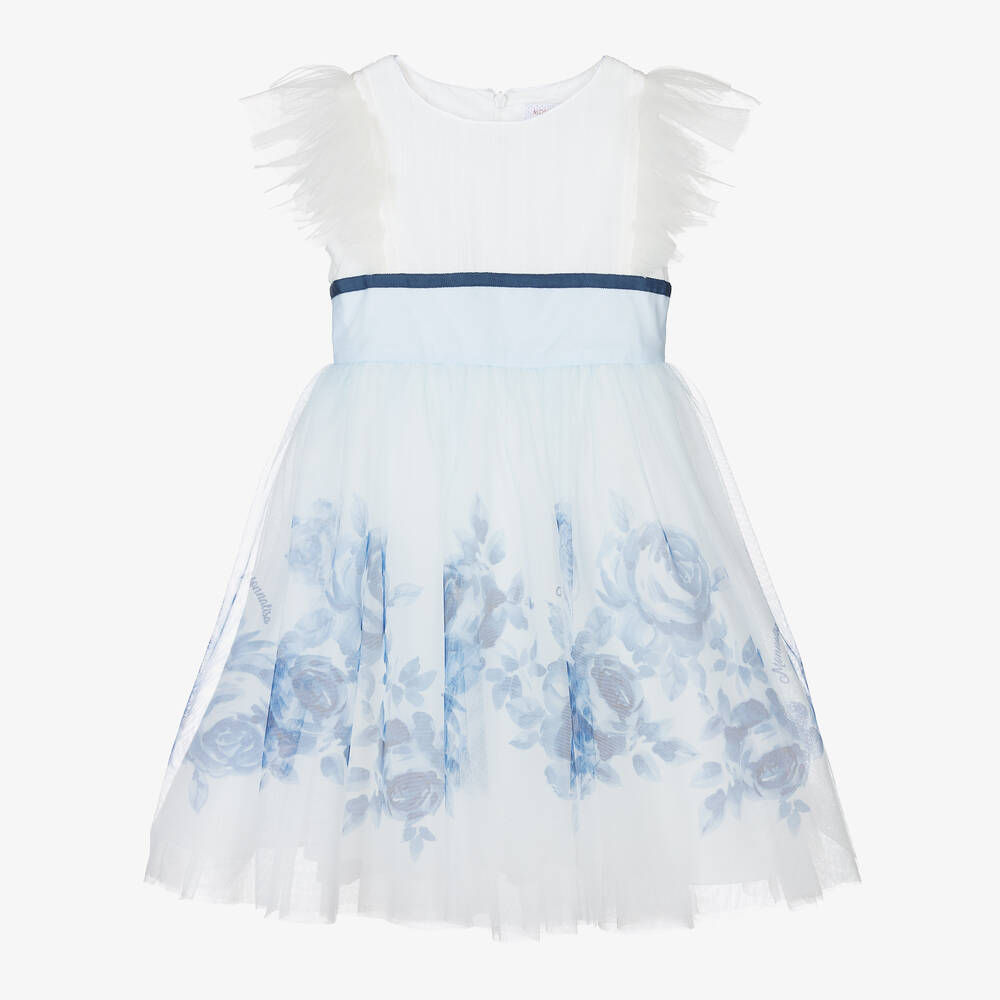 Monnalisa-Кремово-голубое платье из тюля с цветами | Childrensalon Outlet