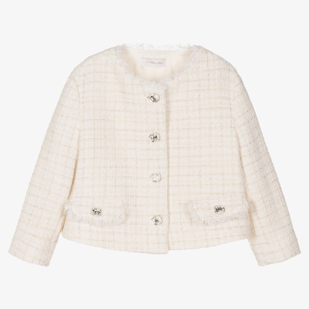 Teen Girls Ivory Boucle Tweed Jacket