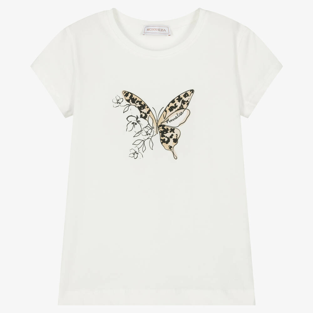 Monnalisa - Кремовая хлопковая футболка с бабочкой | Childrensalon