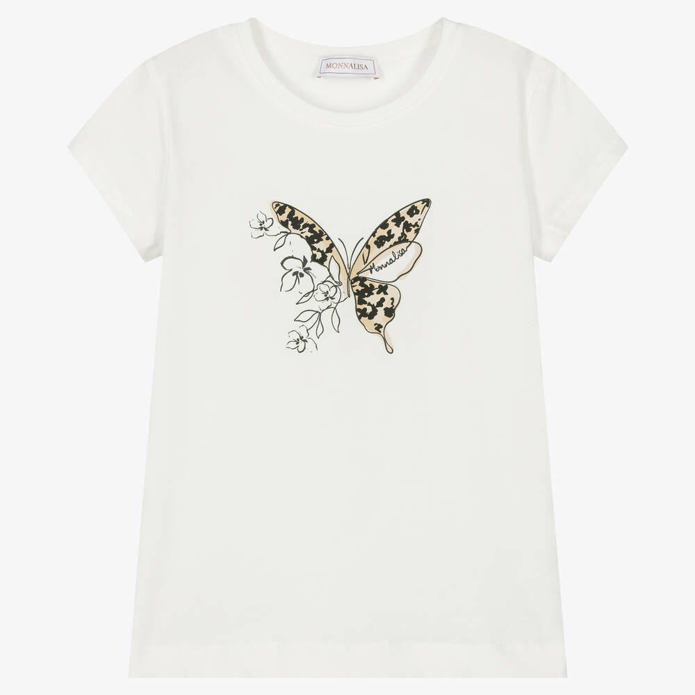 Monnalisa-Teen Girls Ivory Cotton Butterfly T-Shirt | Childrensalon Outlet