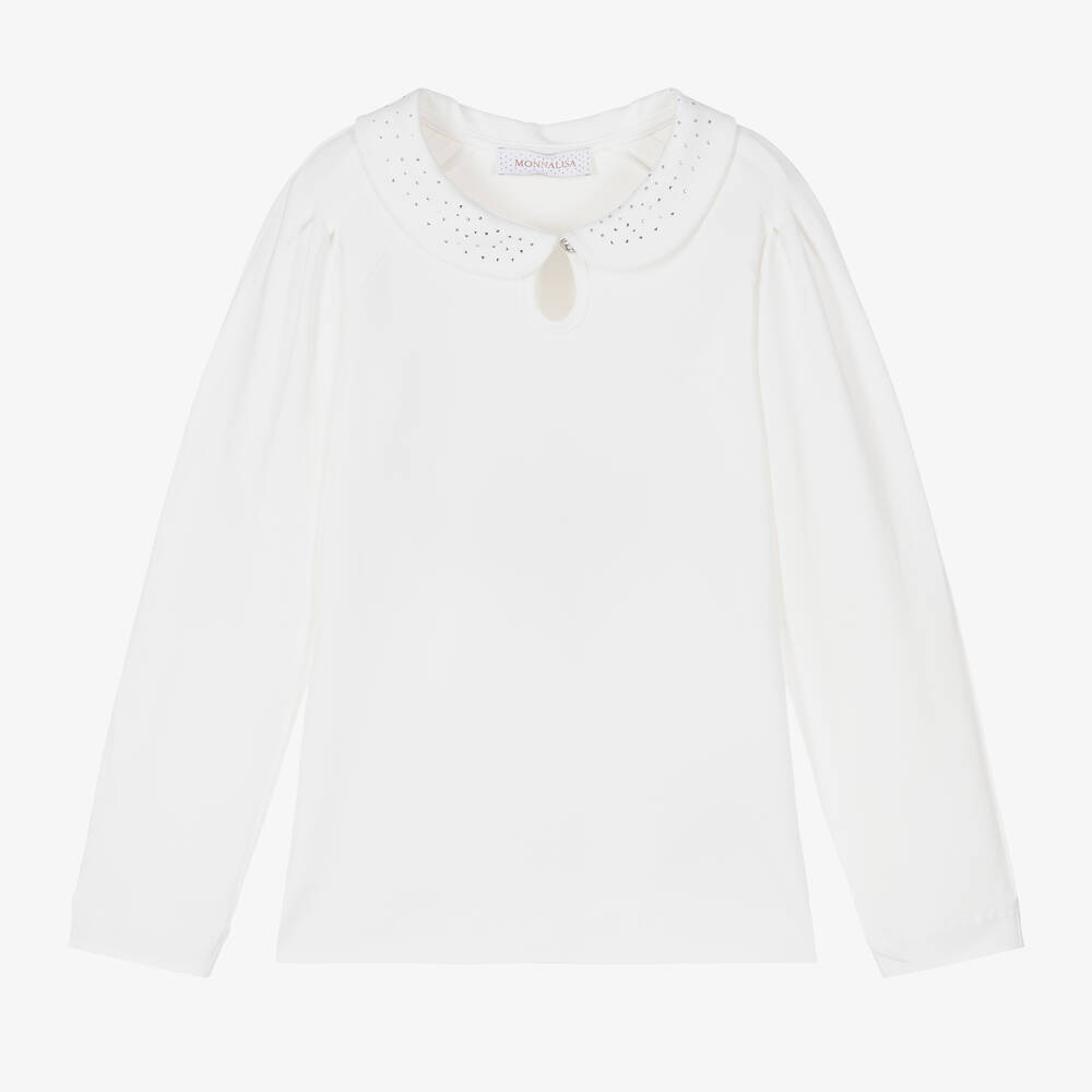 Monnalisa Chic-Teen Girls Ivory Cotton Diamanté Top | Childrensalon Outlet