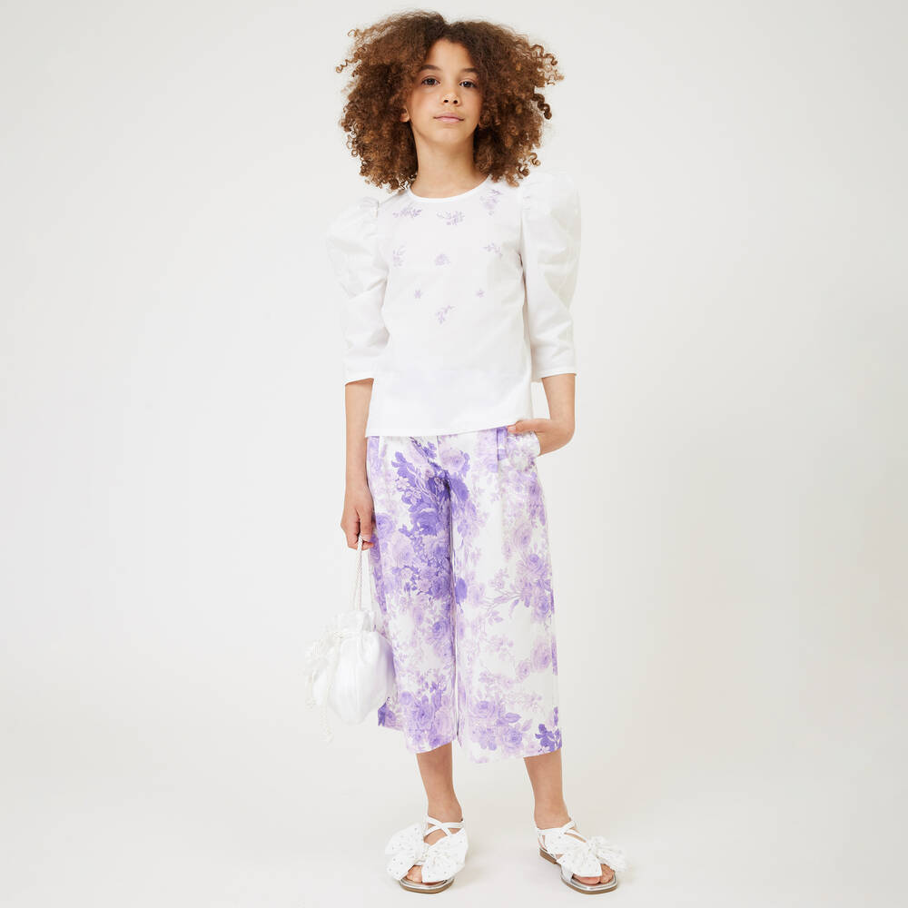 Monnalisa Chic-Teen Girls Ivory Cotton Floral Blouse | Childrensalon Outlet