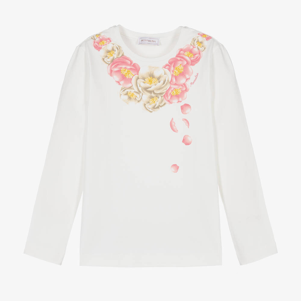 Monnalisa - Teen Girls Ivory Cotton Floral Top | Childrensalon