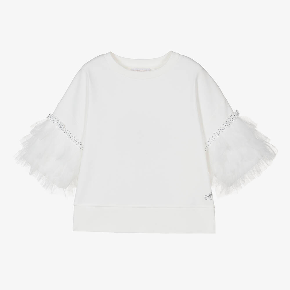 Monnalisa - Teen Girls Ivory Diamanté Tulle Sweatshirt | Childrensalon