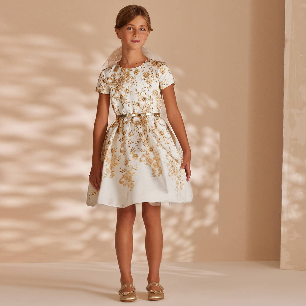 Monnalisa-Teen Girls Ivory Floral Satin Dress | Childrensalon Outlet