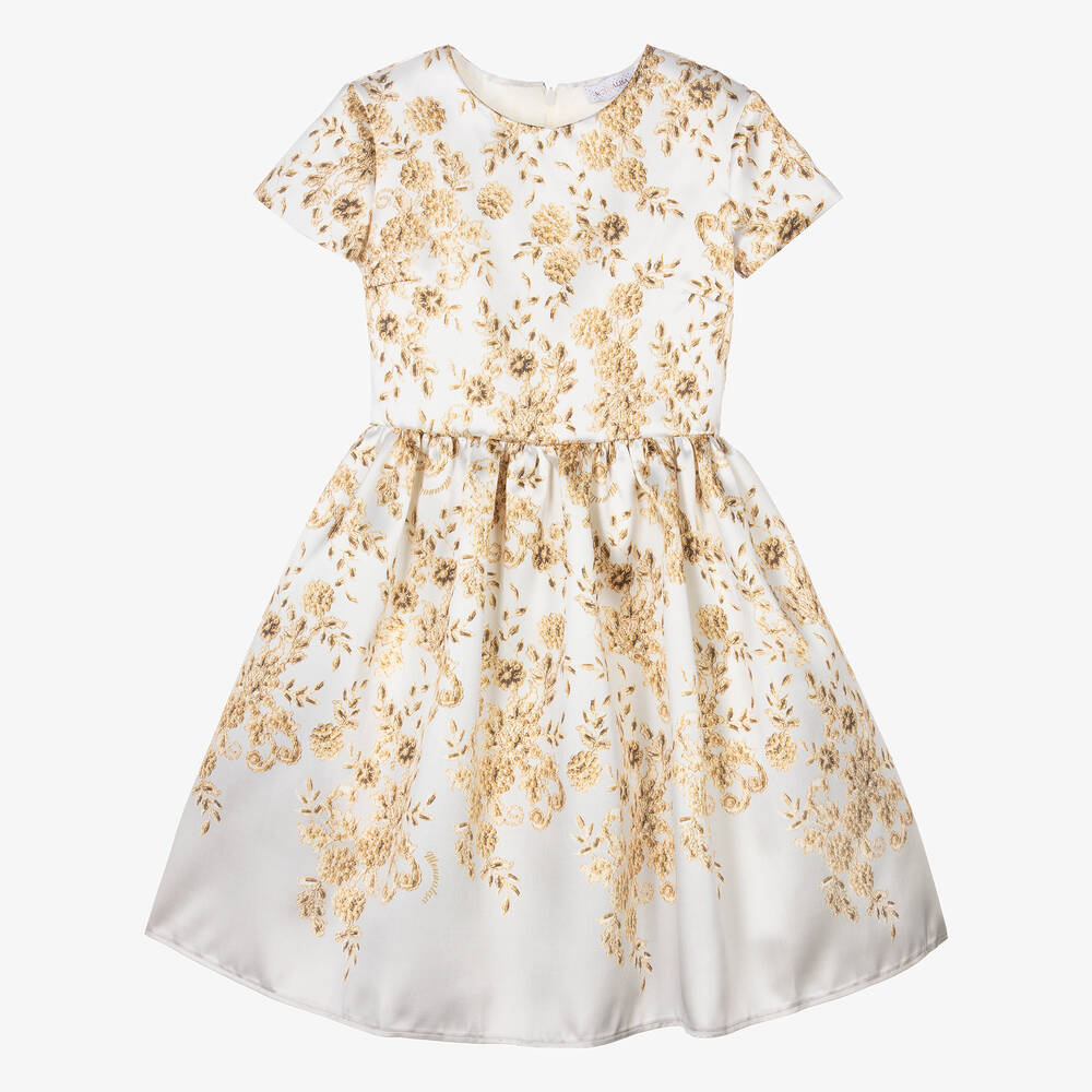 Monnalisa-Teen Girls Ivory Floral Satin Dress | Childrensalon Outlet