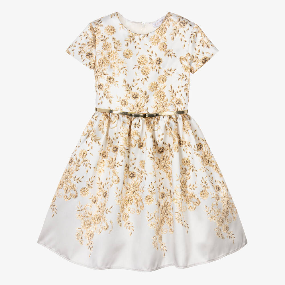 Monnalisa-Teen Girls Ivory Floral Satin Dress | Childrensalon Outlet