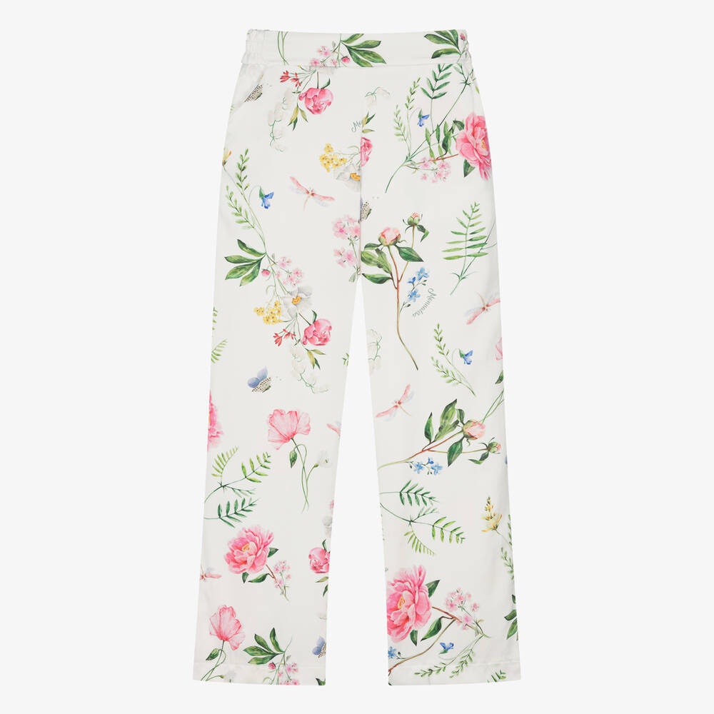 Monnalisa-Teen Girls Ivory Floral Satin Trousers | Childrensalon Outlet