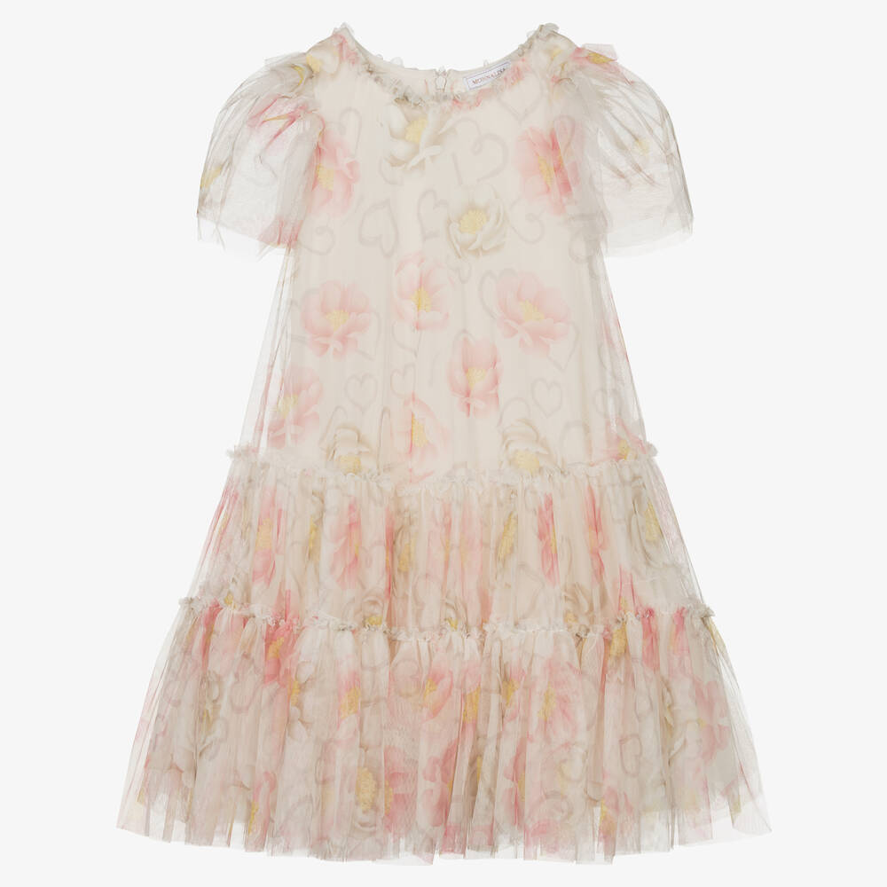 Monnalisa - Кремовое платье из тюля с цветами | Childrensalon