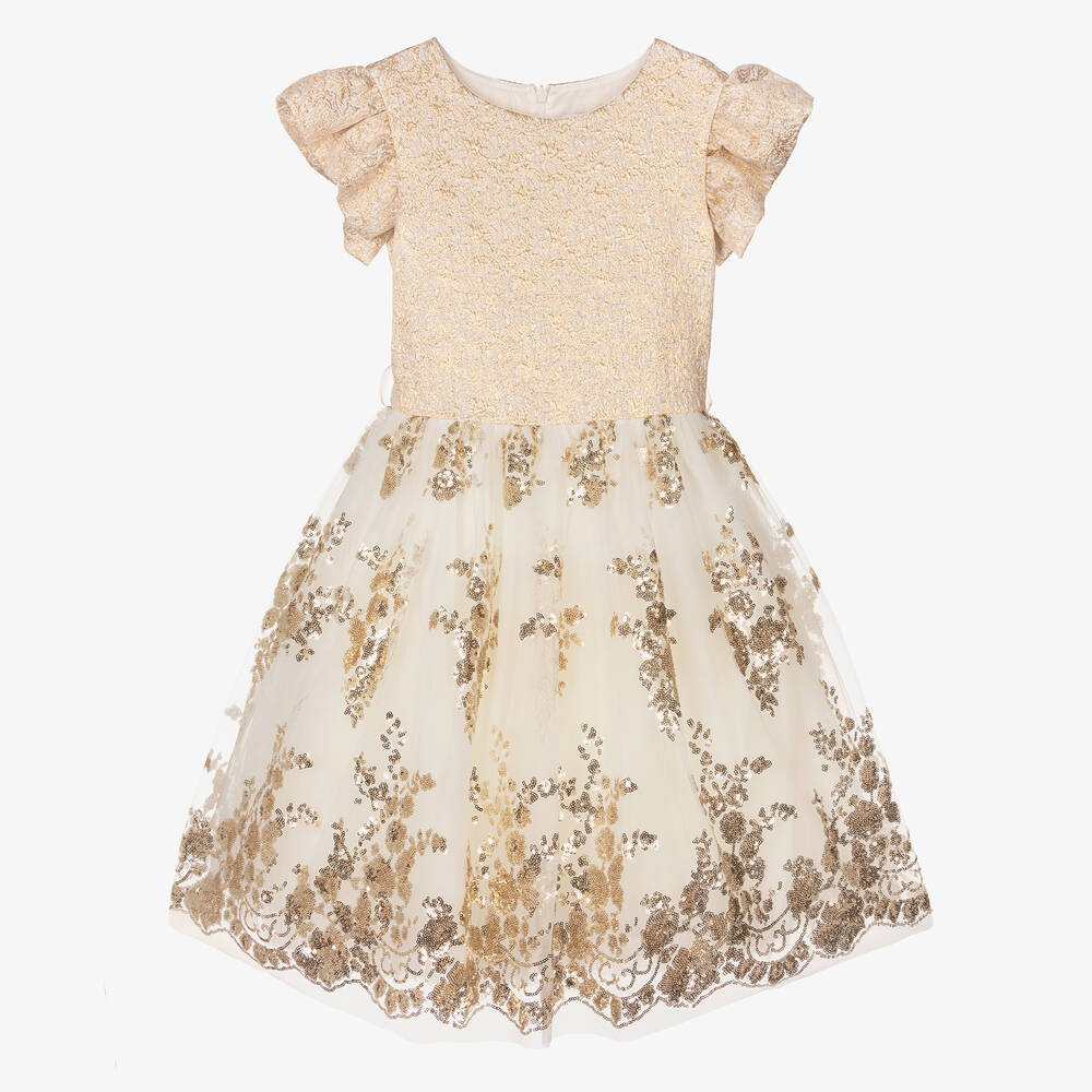 Monnalisa-Teen Girls Ivory & Gold Sequin Dress | Childrensalon Outlet