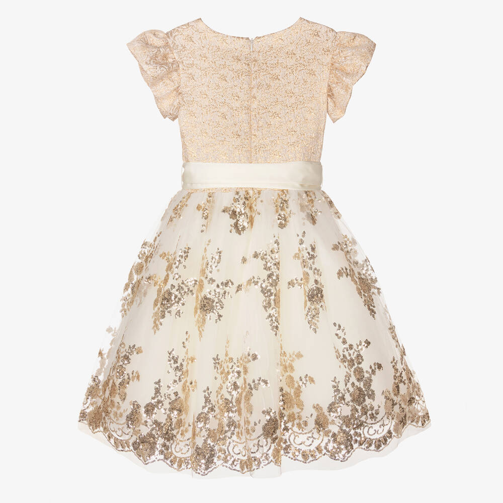 Monnalisa-Teen Girls Ivory & Gold Sequin Dress | Childrensalon Outlet