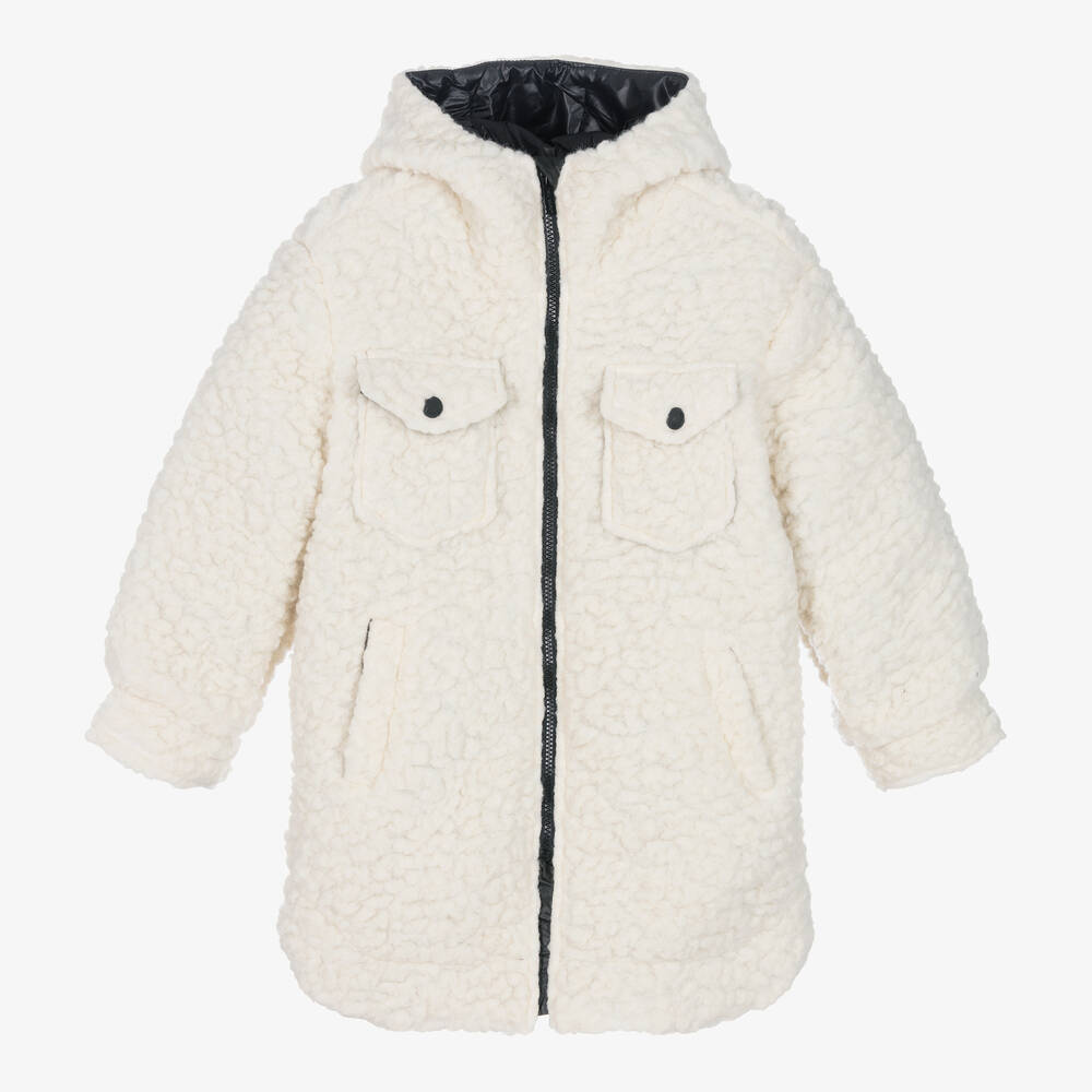 Monnalisa-Кремовое флисовое пальто с капюшоном | Childrensalon Outlet
