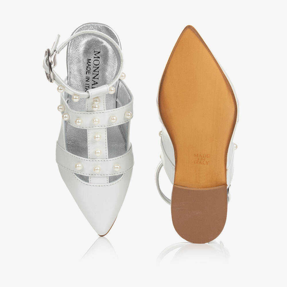 Monnalisa-Teen Girls Ivory Leather & Pearl Shoes | Childrensalon Outlet