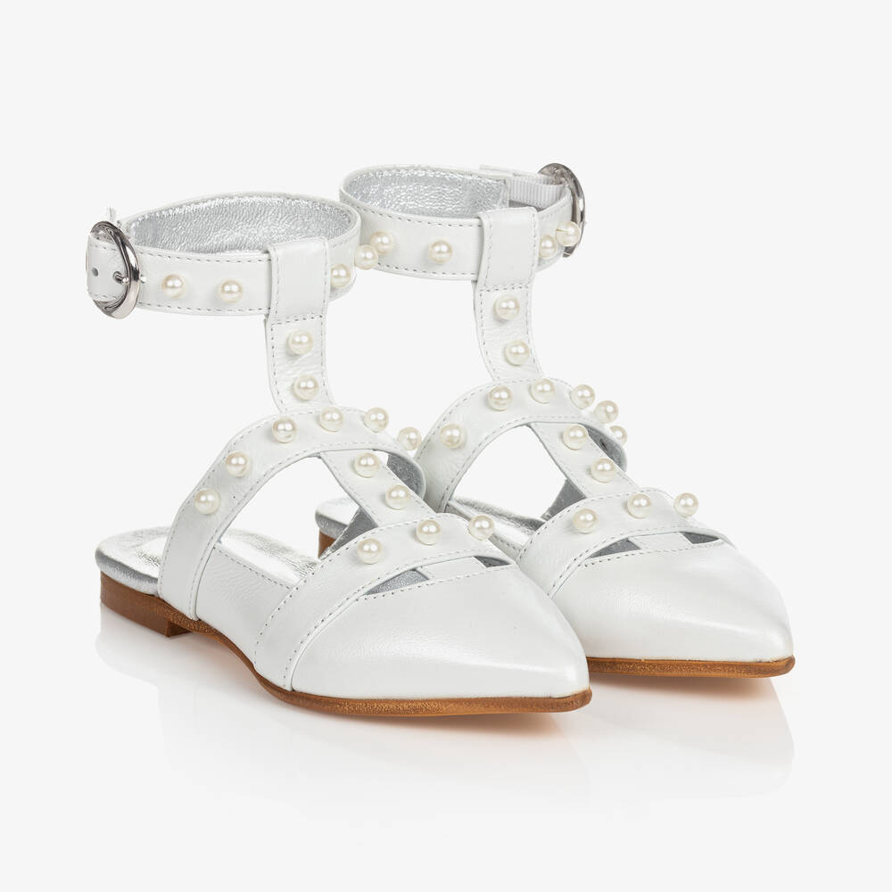 Monnalisa - Teen Girls Ivory Leather & Pearl Shoes | Childrensalon