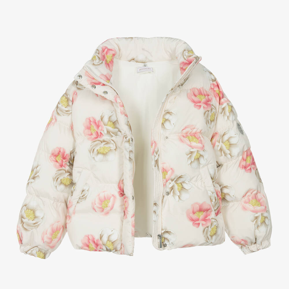 Monnalisa-جاكيت بافر بطبعة ورود لون عاجي وزهري | Childrensalon Outlet
