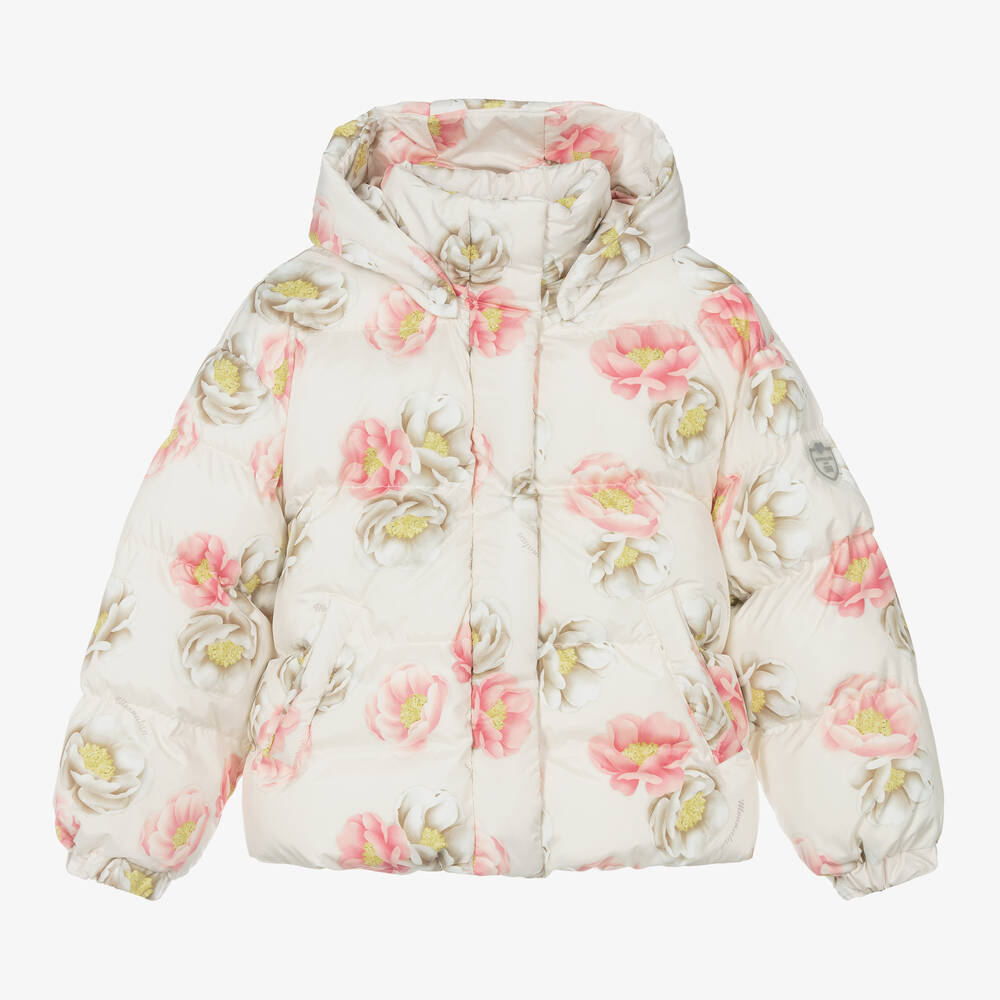 Monnalisa - Elfenbeinfarbene und rosa Teen Steppjacke mit Blumenmuster für Mädchen | Childrensalon