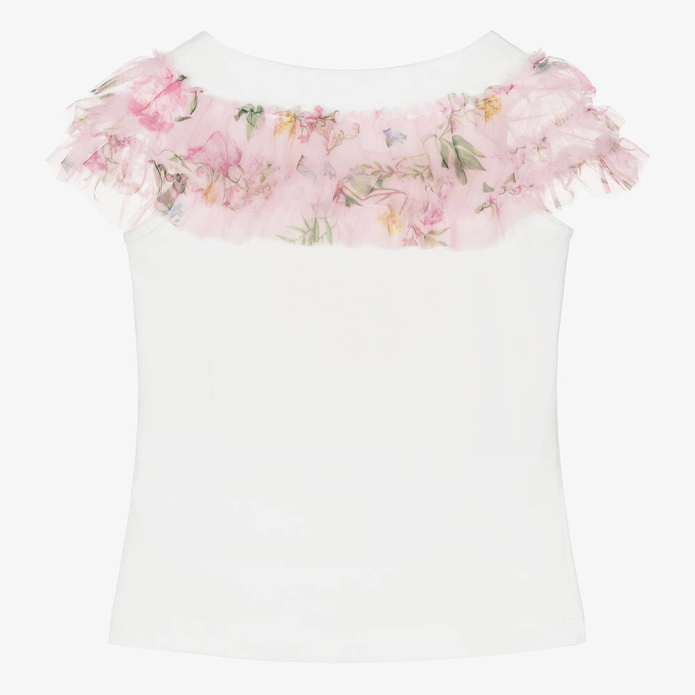 Monnalisa Шик-Кремовая футболка с розовыми цветами из тюля для девочек-подростков | Childrensalon Outlet