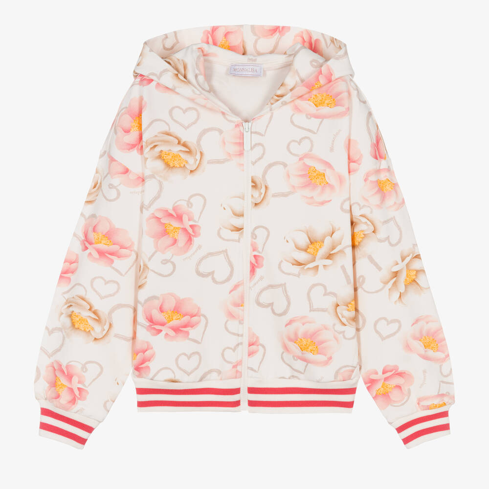 Monnalisa-Teen Girls Ivory & Pink Floral Zip-Up Top | Childrensalon Outlet