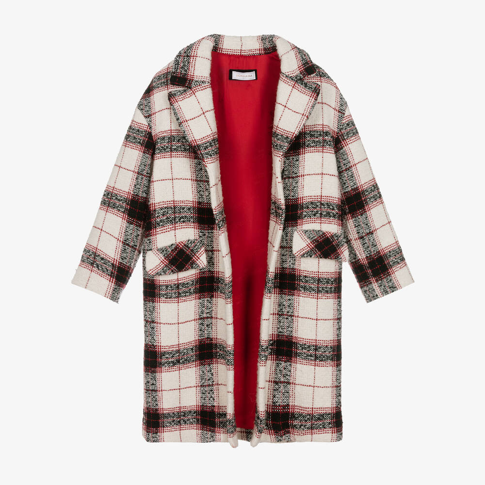 Monnalisa-Teen Girls Ivory & Red Checked Coat | Childrensalon Outlet