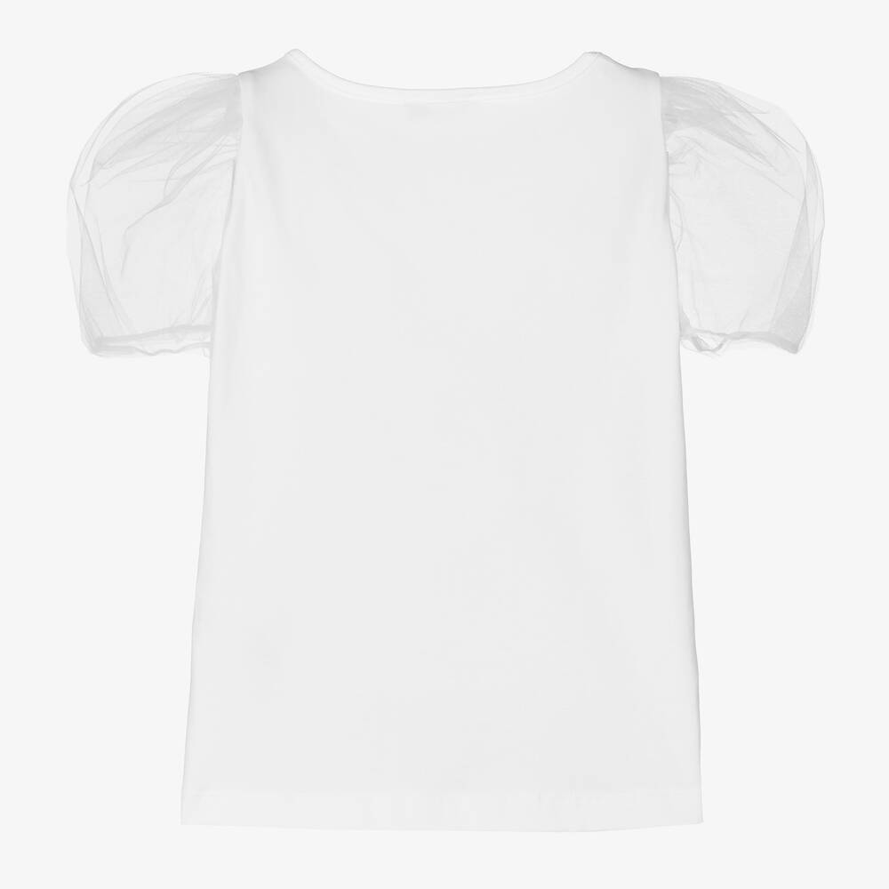 Monnalisa-Teen Girls Ivory Tulle Sleeve T-Shirt | Childrensalon Outlet