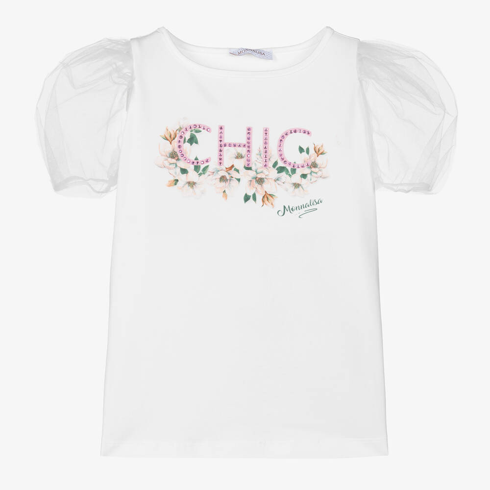 Monnalisa - T-shirt ivoire manches en tulle ado | Childrensalon