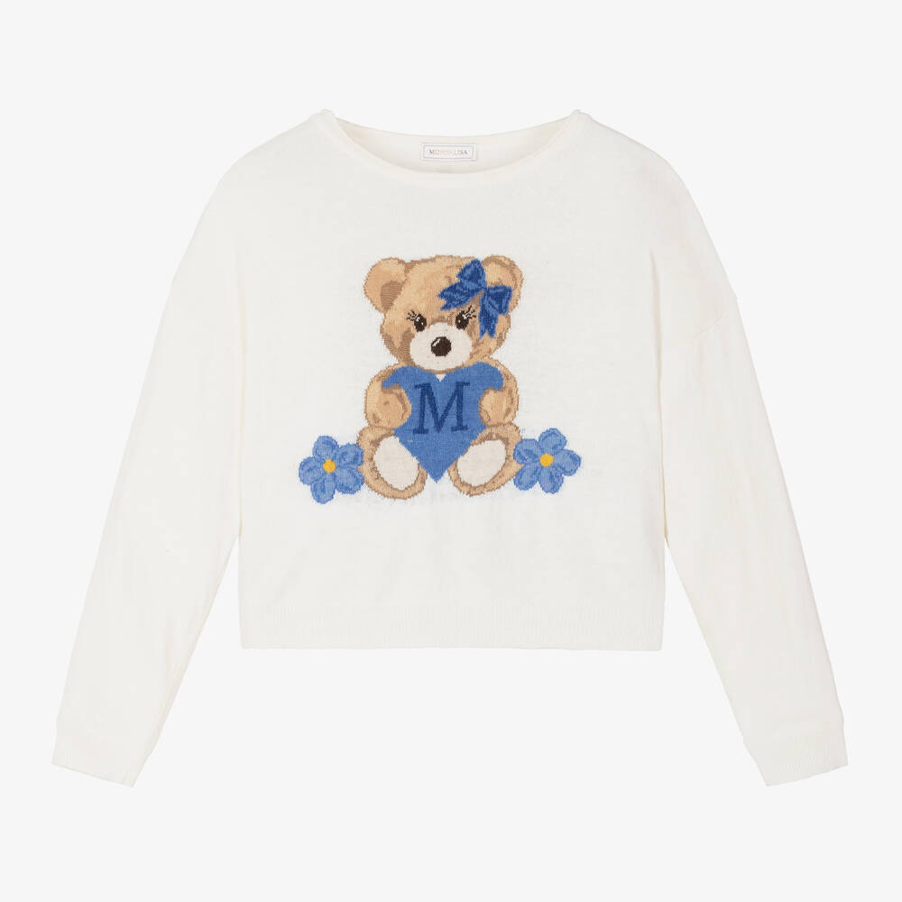 Monnalisa - Teen Girls Ivory Wool Bear Sweater | Childrensalon