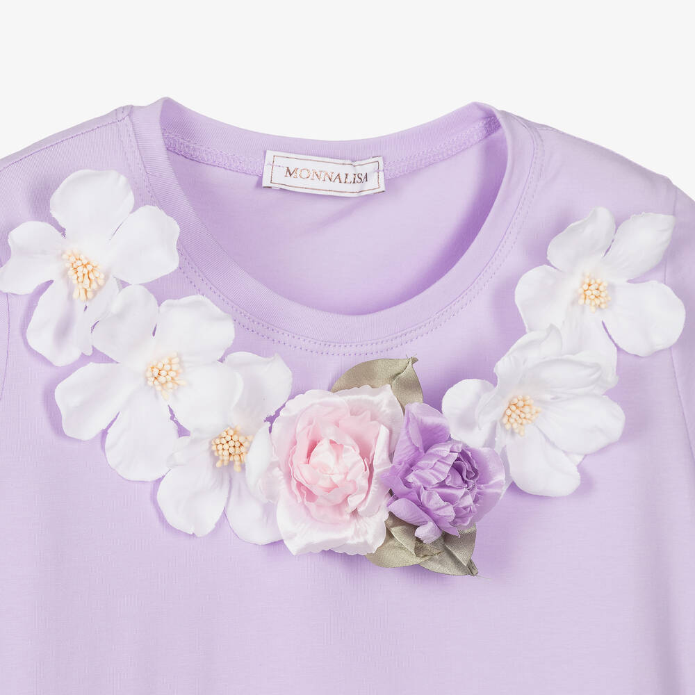 Monnalisa-Teen Girls Lilac Cotton Floral Appliqué T-Shirt | Childrensalon Outlet