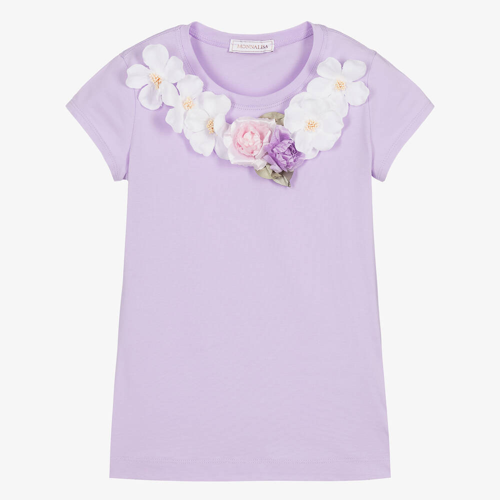Monnalisa-Teen Girls Lilac Cotton Floral Appliqué T-Shirt | Childrensalon Outlet