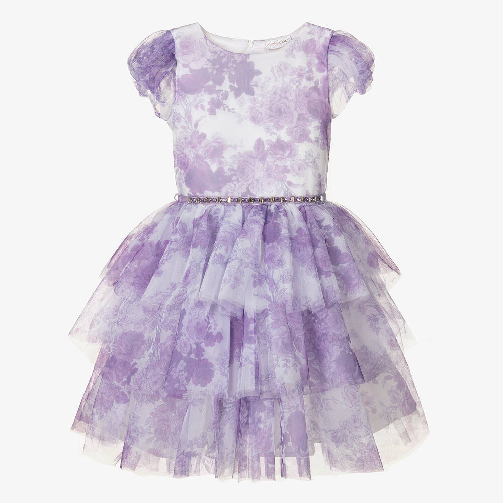Monnalisa Chic-Teen Girls Lilac Purple Floral Tulle Dress | Childrensalon Outlet