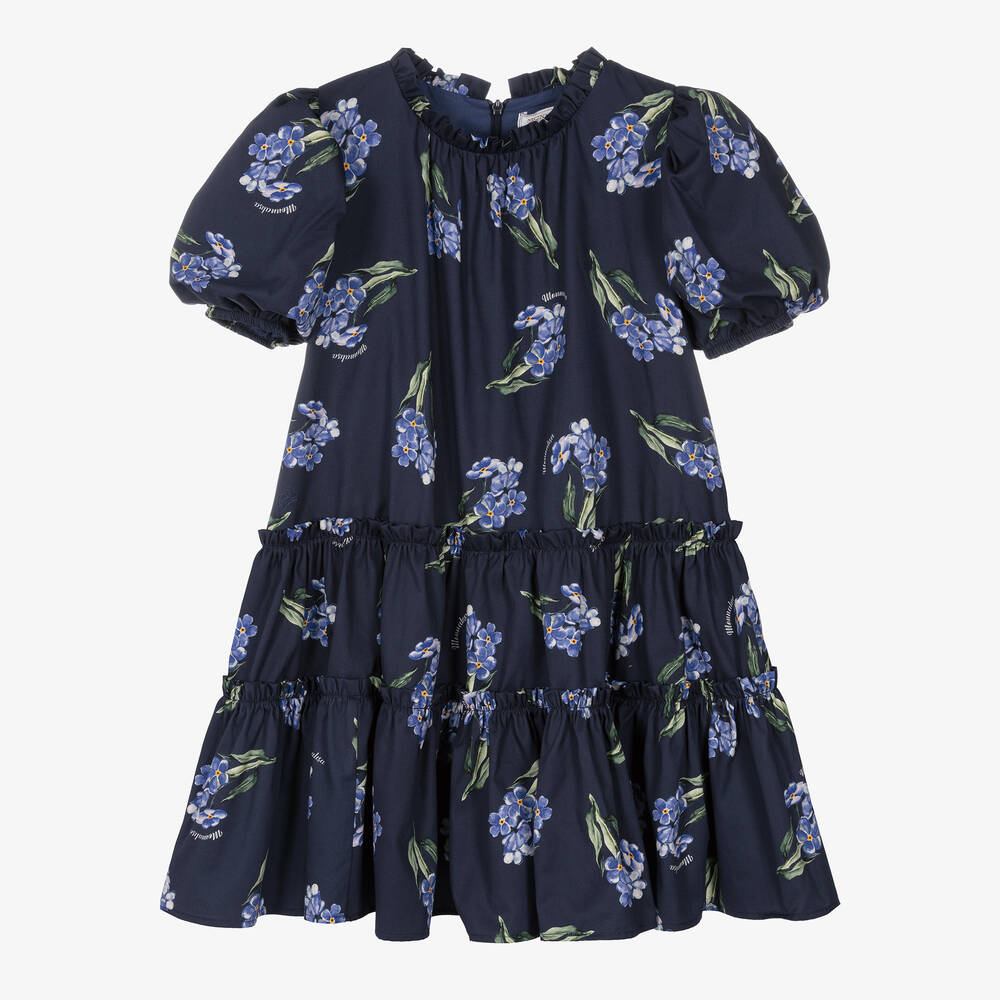 Monnalisa - Teen Girls Navy Blue Floral Cotton Dress | Childrensalon