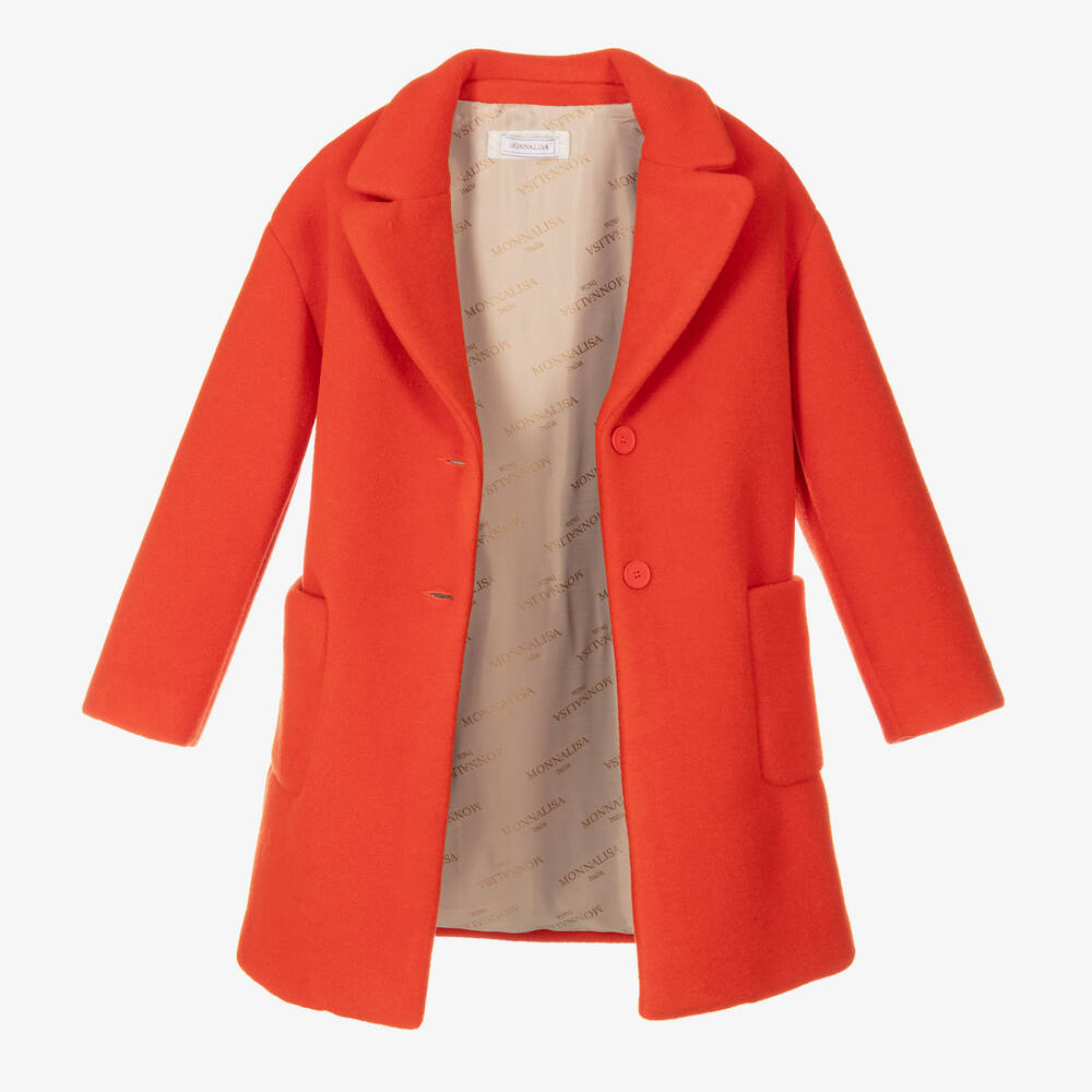 Monnalisa-Teen Girls Orange Felted Overcoat | Childrensalon Outlet