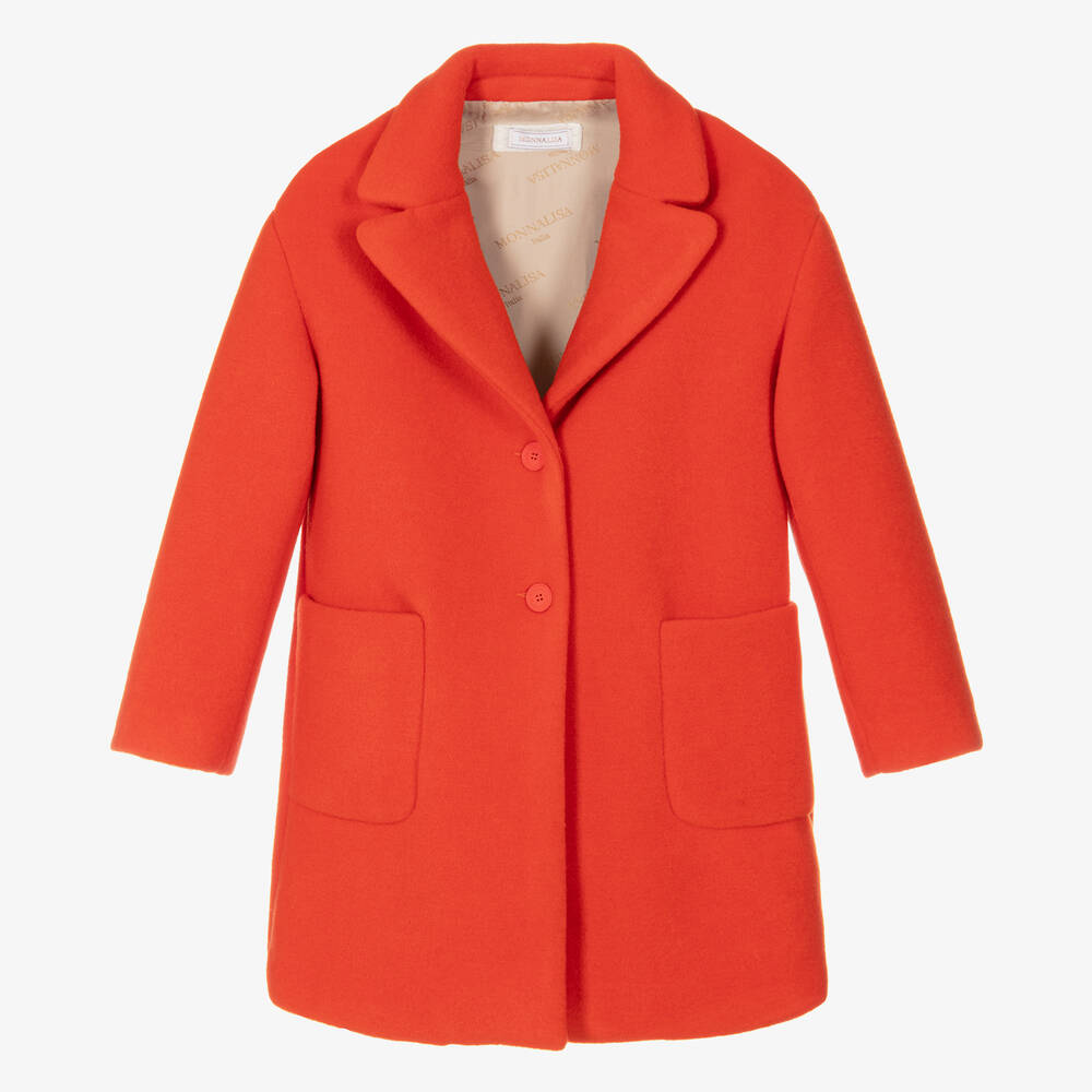 Monnalisa - Teen Girls Orange Felted Overcoat | Childrensalon