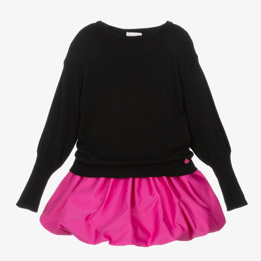 Monnalisa - Черный свитер и розовое платье из тафты  | Childrensalon