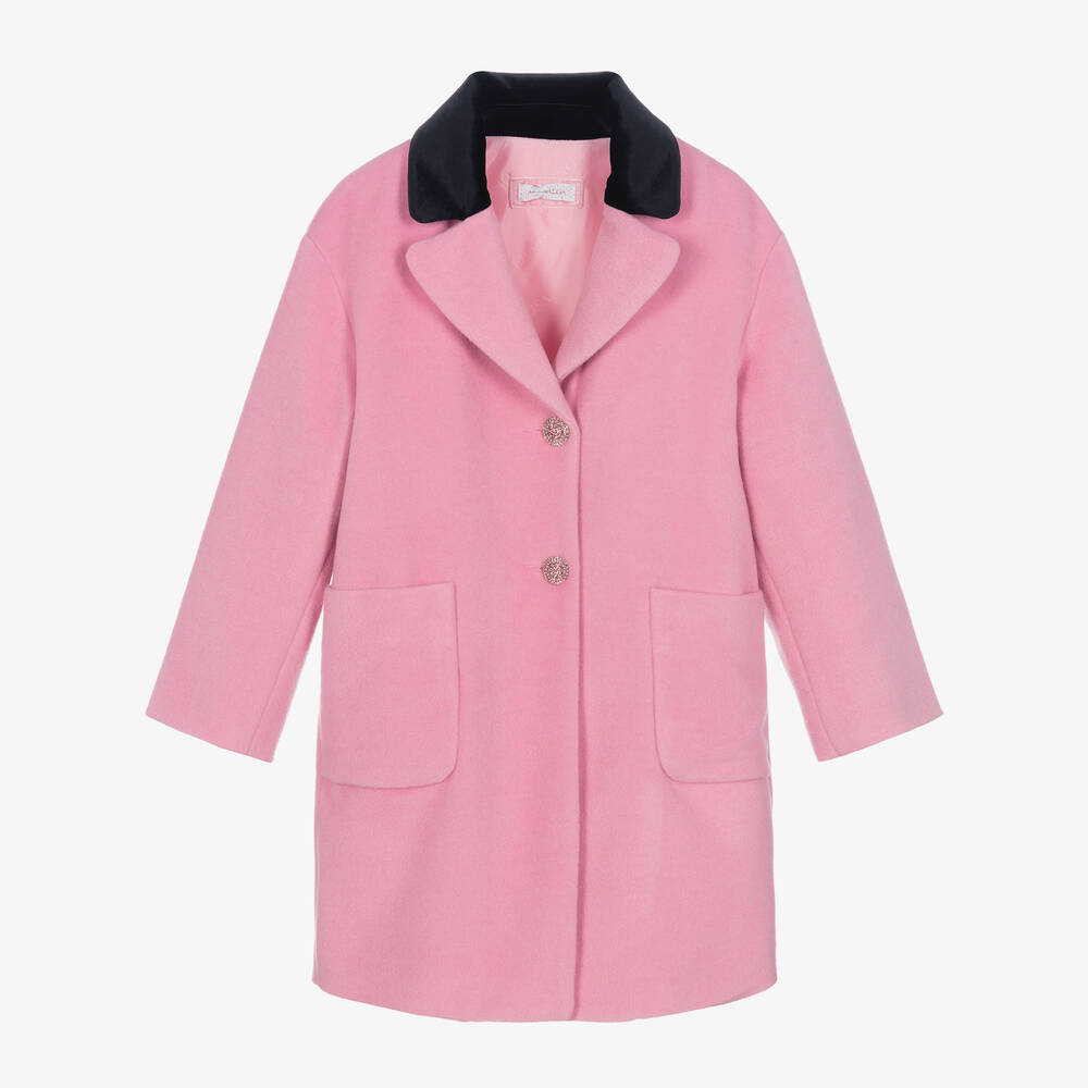 Monnalisa Chic - Teen Girls Pink & Black Velvet Collar Coat | Childrensalon