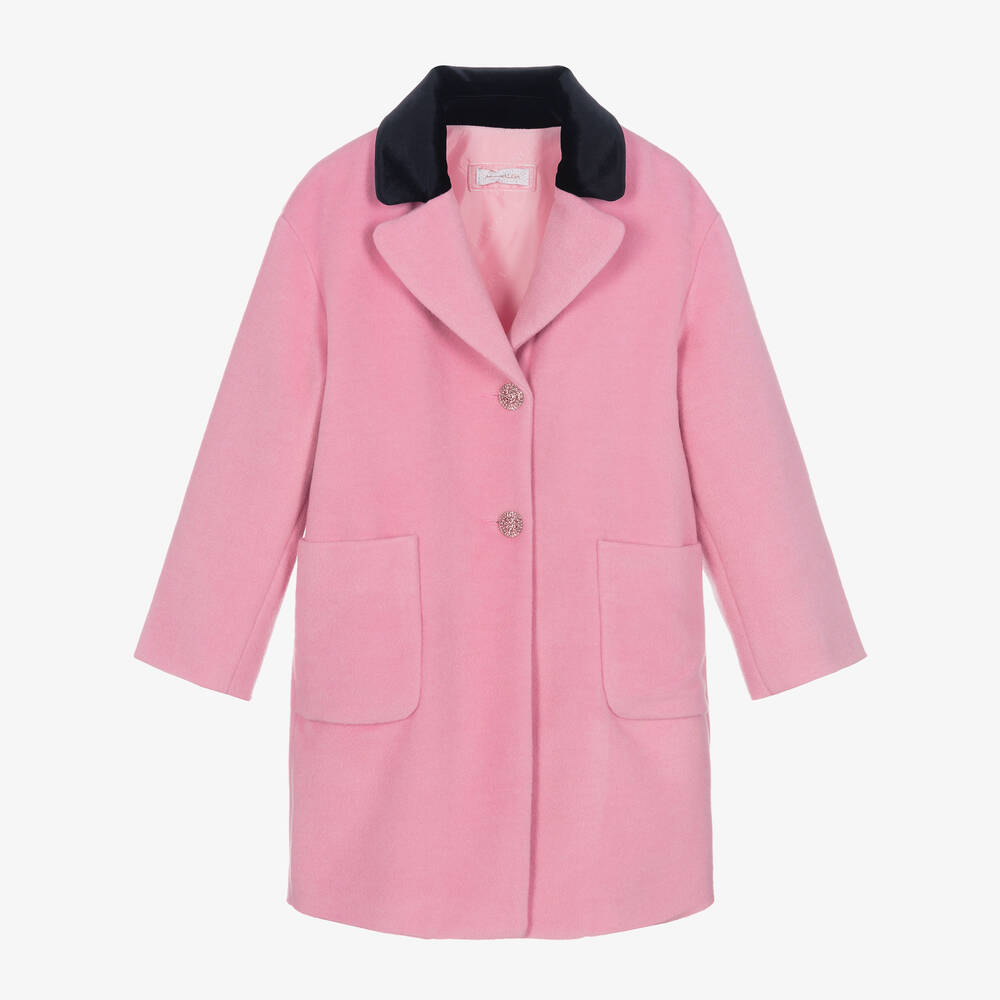 Monnalisa Chic - Manteau rose en velours à col noir | Childrensalon