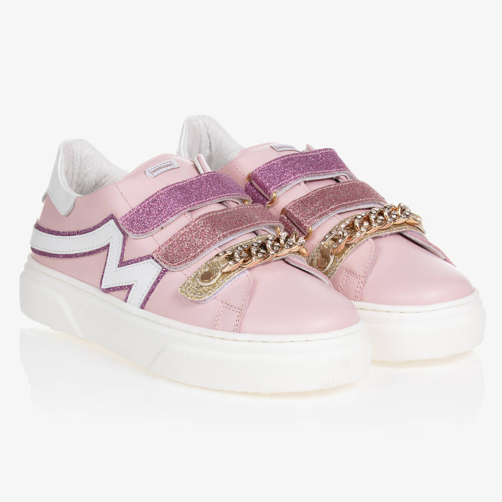 Monnalisa-Teen Girls Pink Chain Detail Velcro Trainers | Childrensalon Outlet